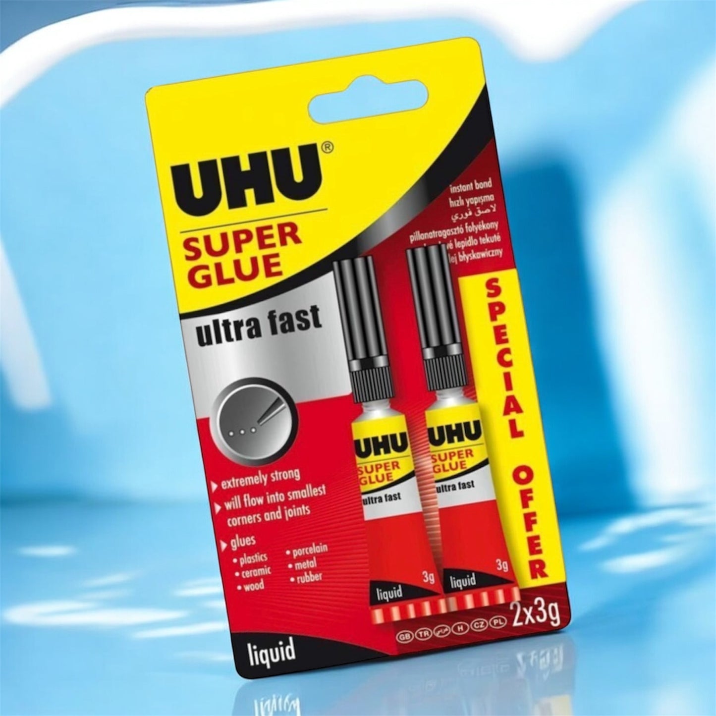 UHU Super Glue 3g – Twin Pack – Ultra Fast, Water Resistant, Extreme Strength – Ideal for Plastic, Metal, Wood, Ceramic, & More – Buy 5 Get 1 Free