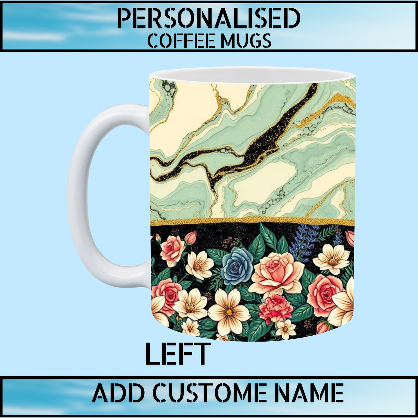 Mint Green Marble & Floral Personalised Name Coffee Mug