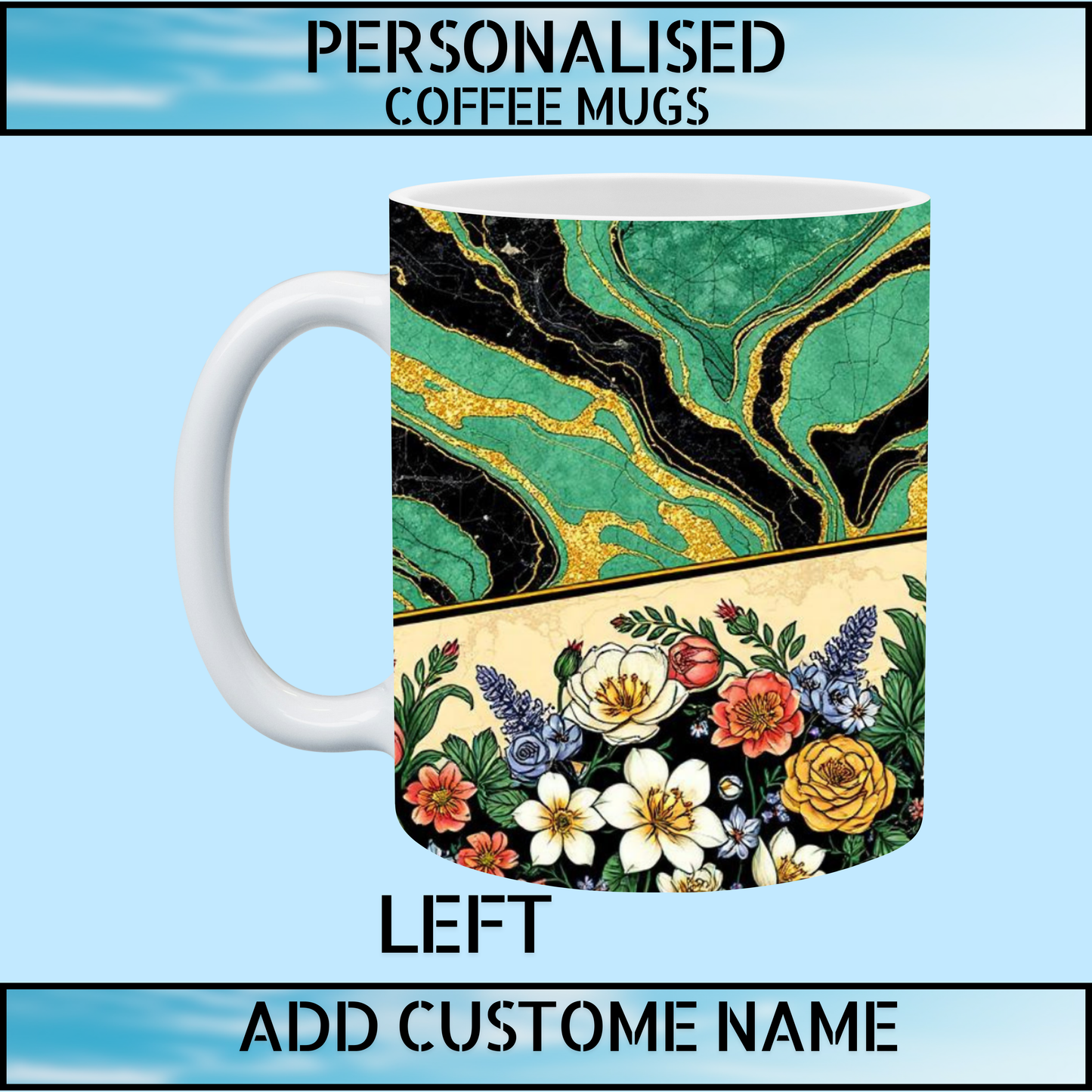 Mint & Bottle Green Marble Floral Personalised Coffee Mug