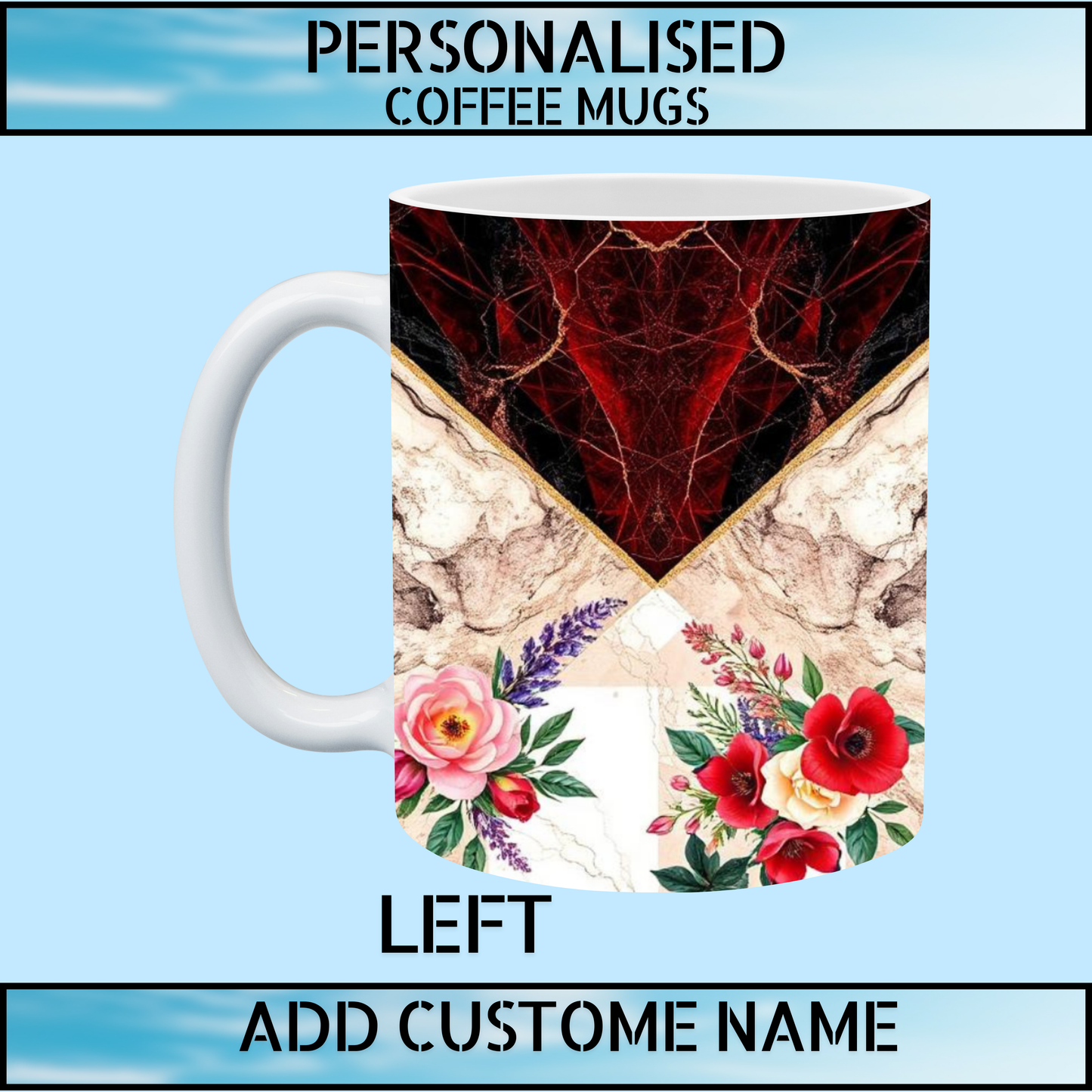Red & Maroon Marble Floral Personalised Name Coffee Mug