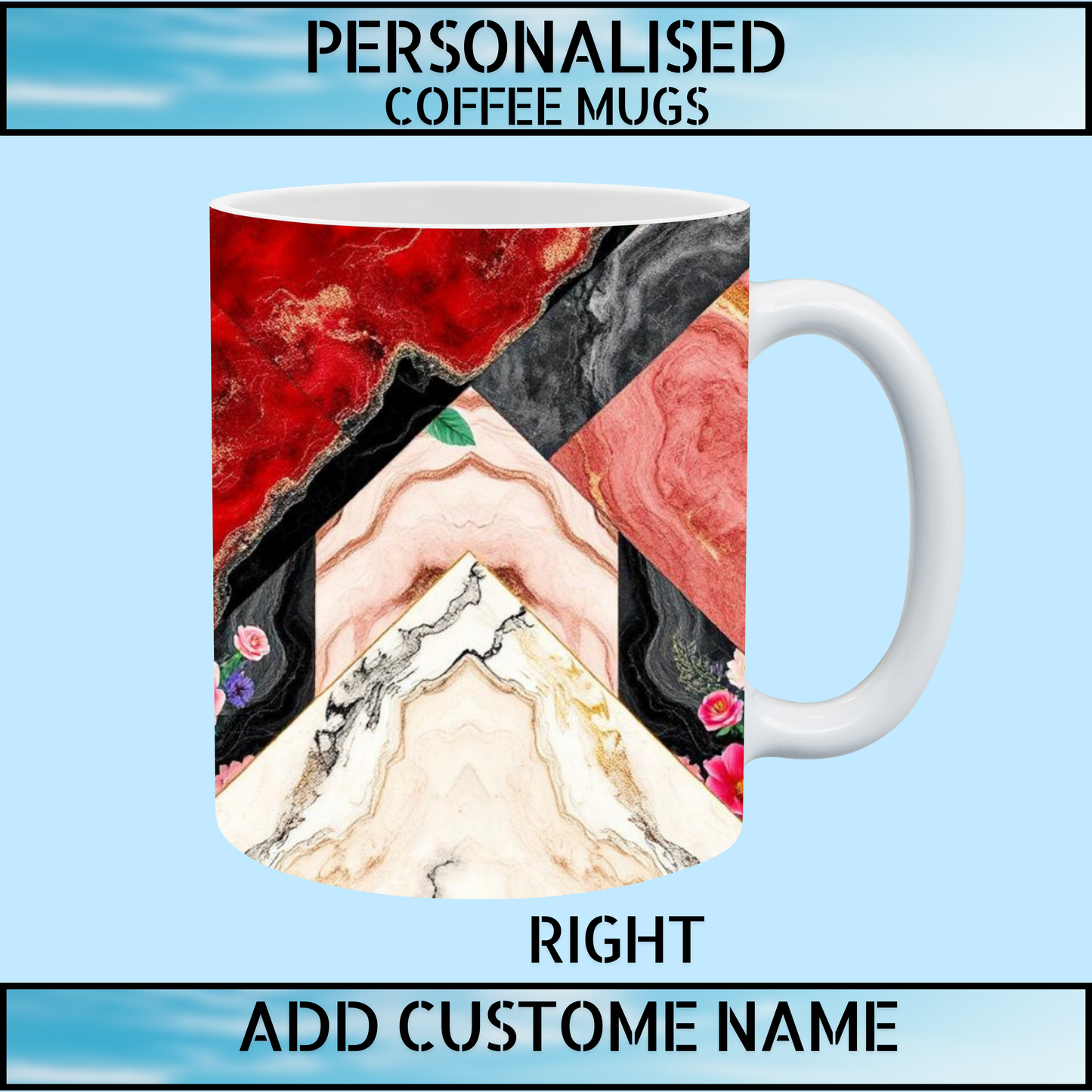 Red & Black Marble Floral Personalised Coffee Mug