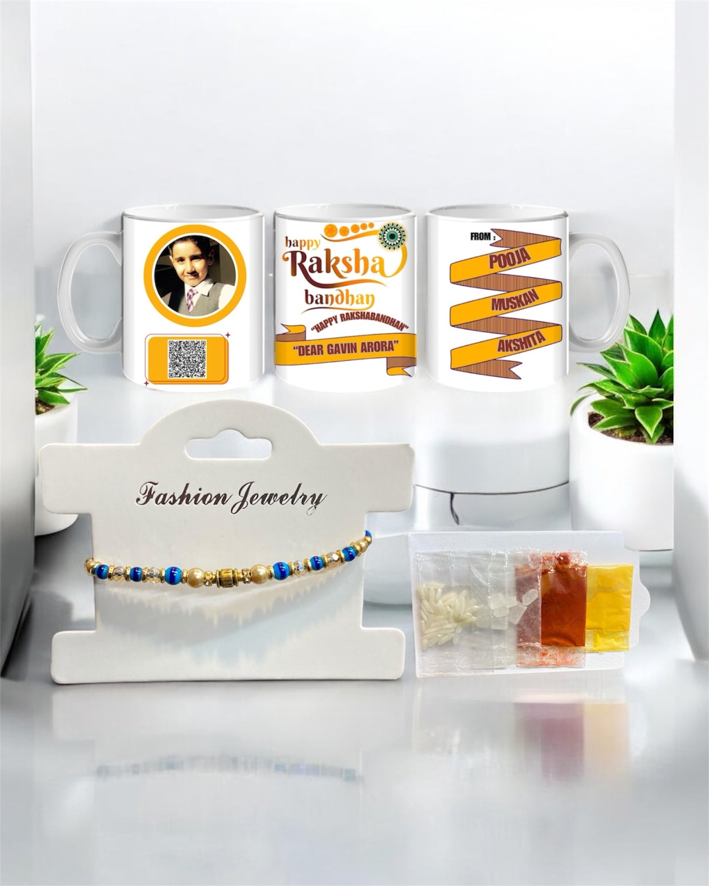 Handmade Personalised Rakhi Gift Hamper with Om Rakhi, Custom Brother Mug & Tilak Set