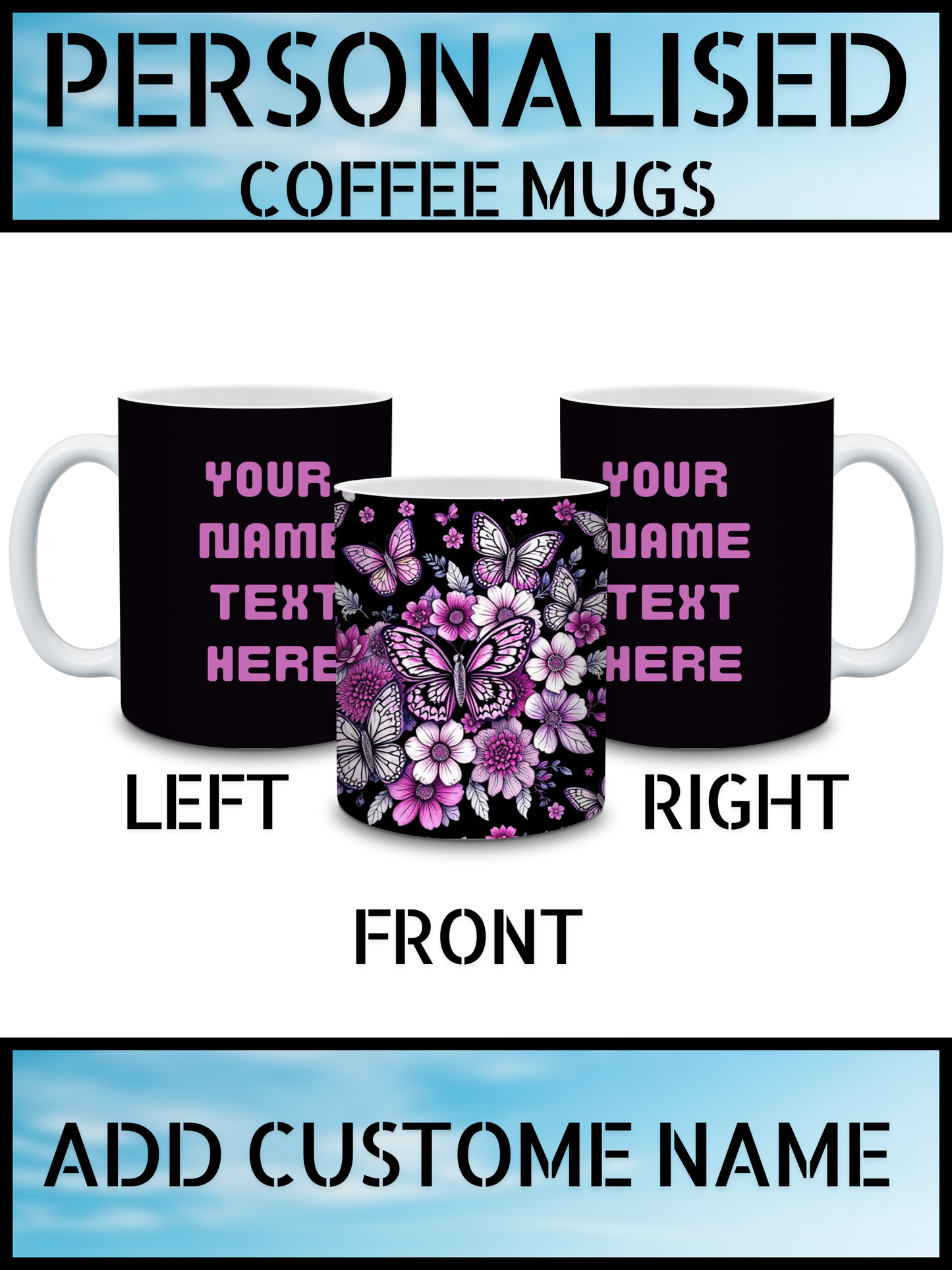 Personalised Coffee Mug – Black Floral & Butterfly