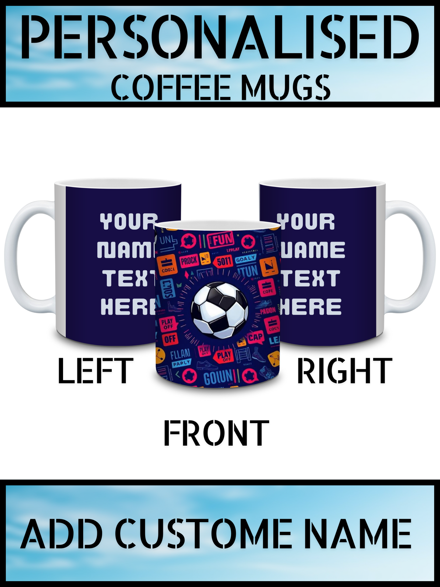 Football Pattern Ceramic Mug – Personalised Name