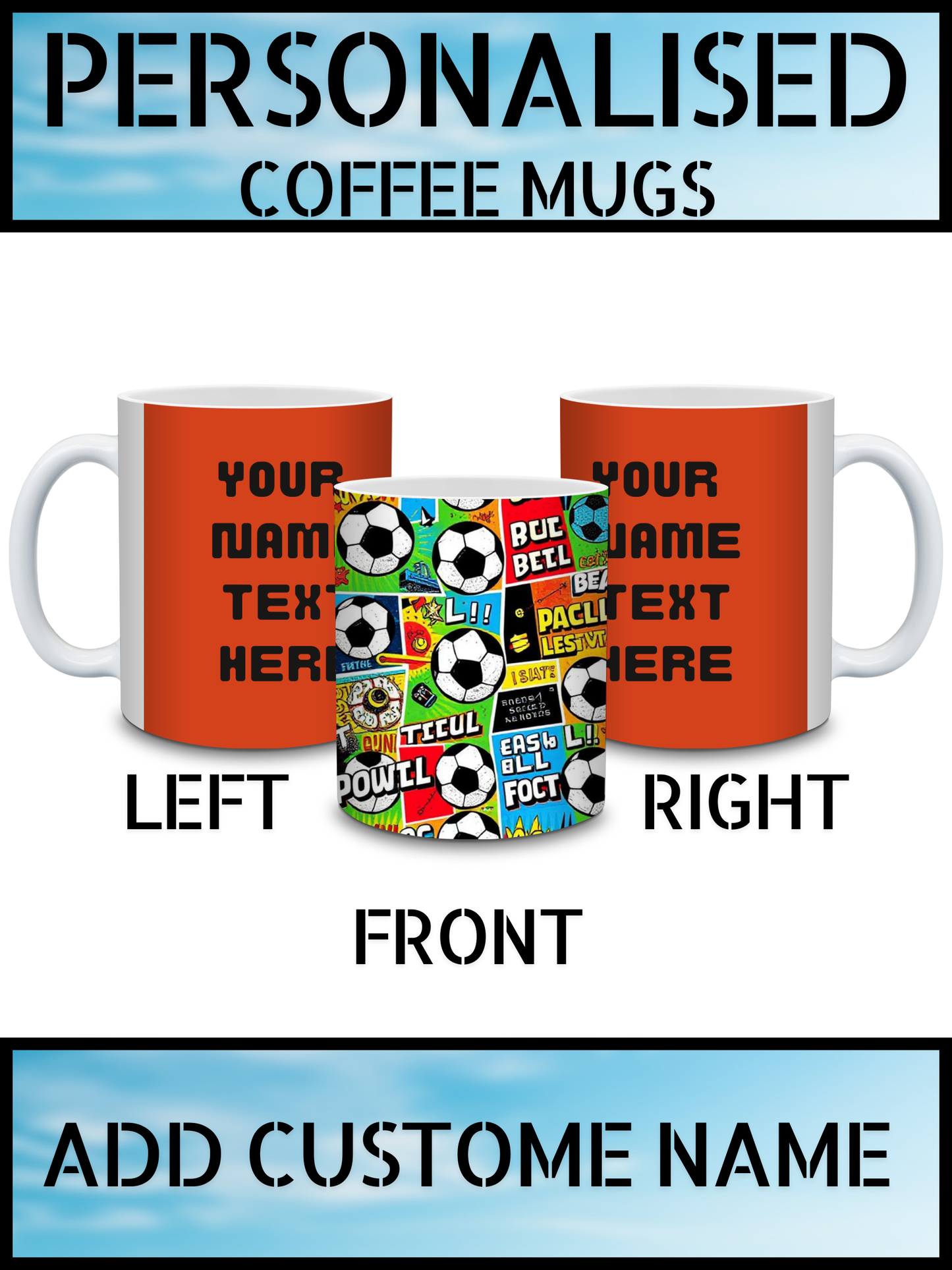 White Ceramic Coffee Mugs – Personalised Name Print with Unique Football Prints