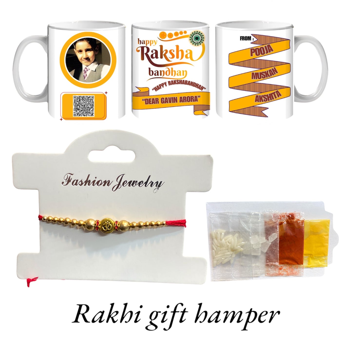 Handmade Personalised Rakhi Gift Hamper with Om Rakhi, Custom Brother Mug & Tilak Set