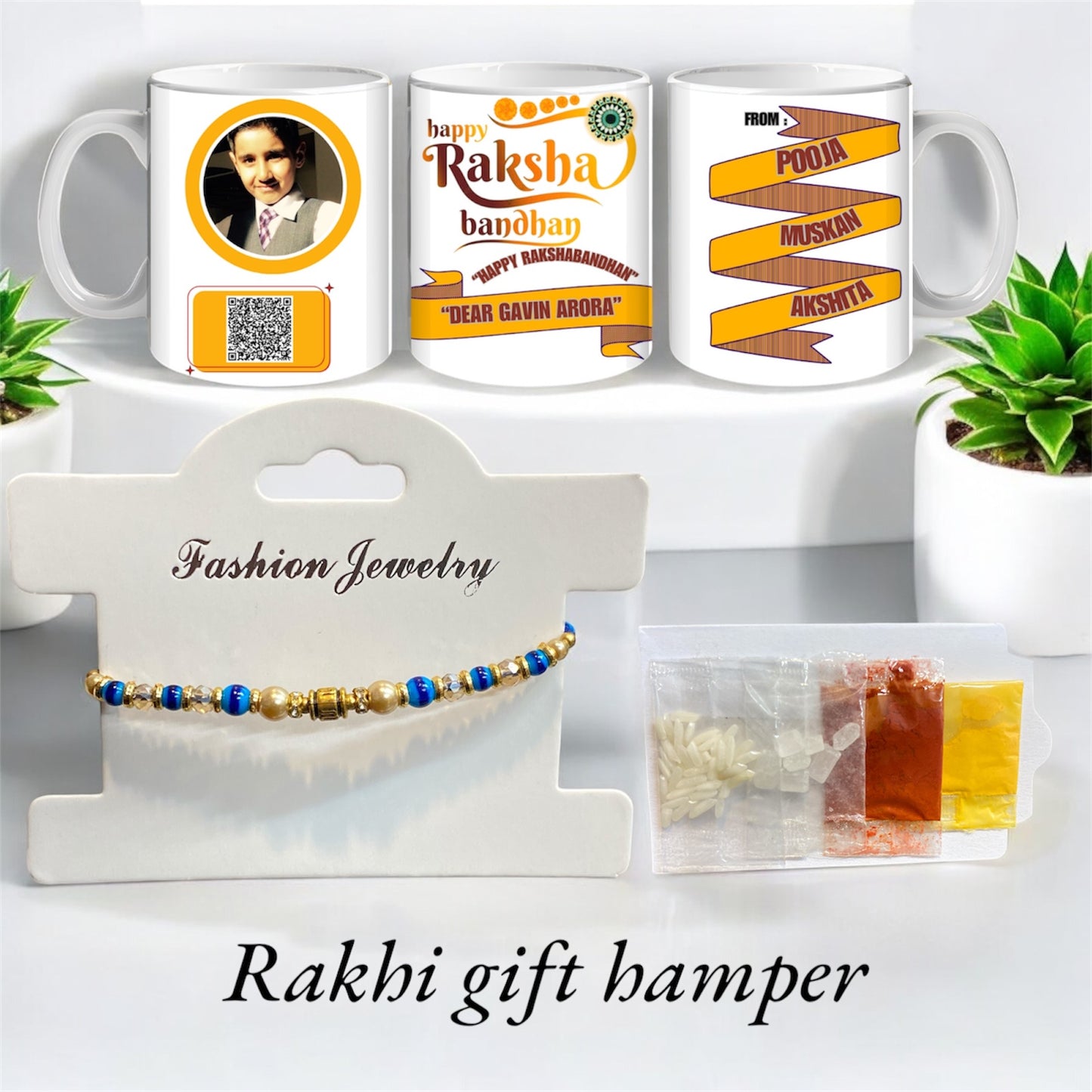 Handmade Personalised Rakhi Gift Hamper with Om Rakhi, Custom Brother Mug & Tilak Set
