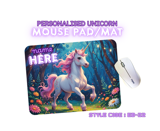 Personalised Unicorn Mouse Mat | Pad | Custom Name Print | EB22–EB32 Designs