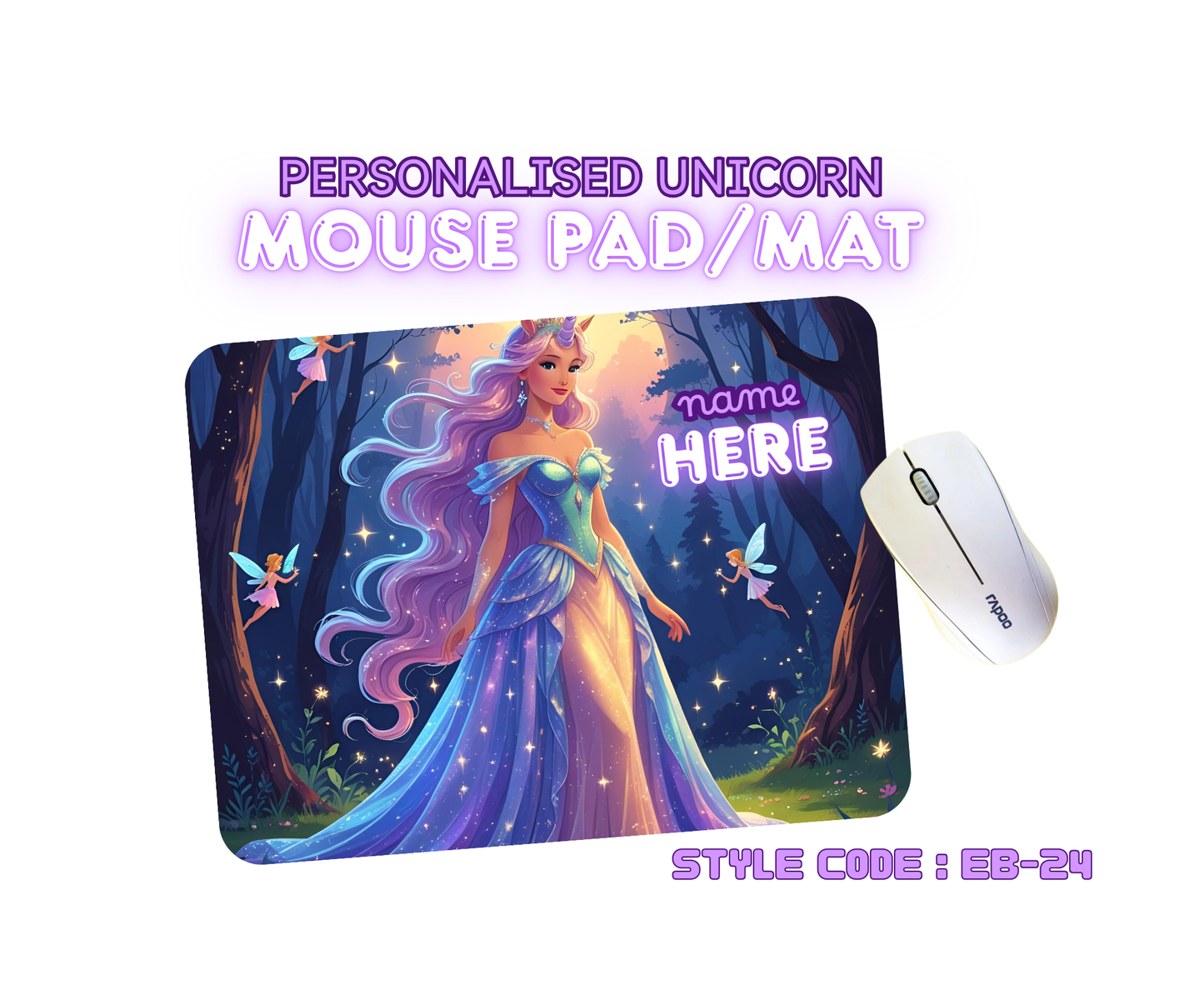 Personalised Unicorn Mouse Mat | Pad | Custom Name Print | EB22–EB32 Designs