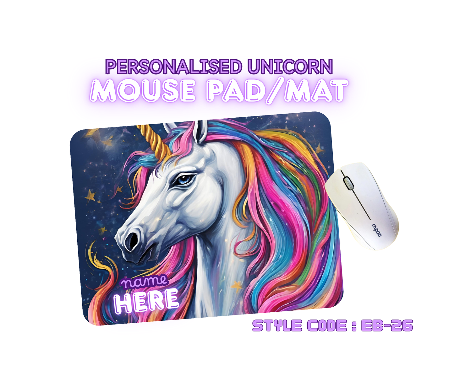 Personalised Unicorn Mouse Mat | Pad | Custom Name Print | EB22–EB32 Designs
