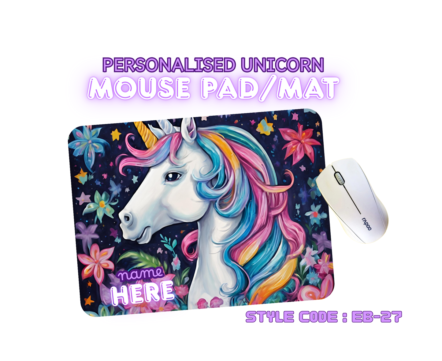 Personalised Unicorn Mouse Mat | Pad | Custom Name Print | EB22–EB32 Designs