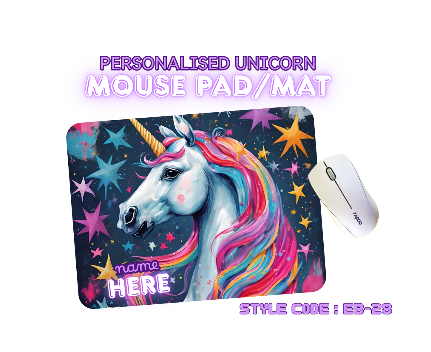 Personalised Unicorn Mouse Mat | Pad | Custom Name Print | EB22–EB32 Designs