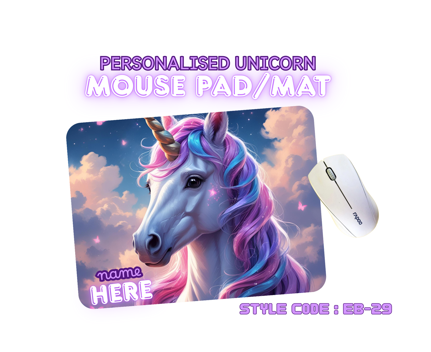 Personalised Unicorn Mouse Mat | Pad | Custom Name Print | EB22–EB32 Designs