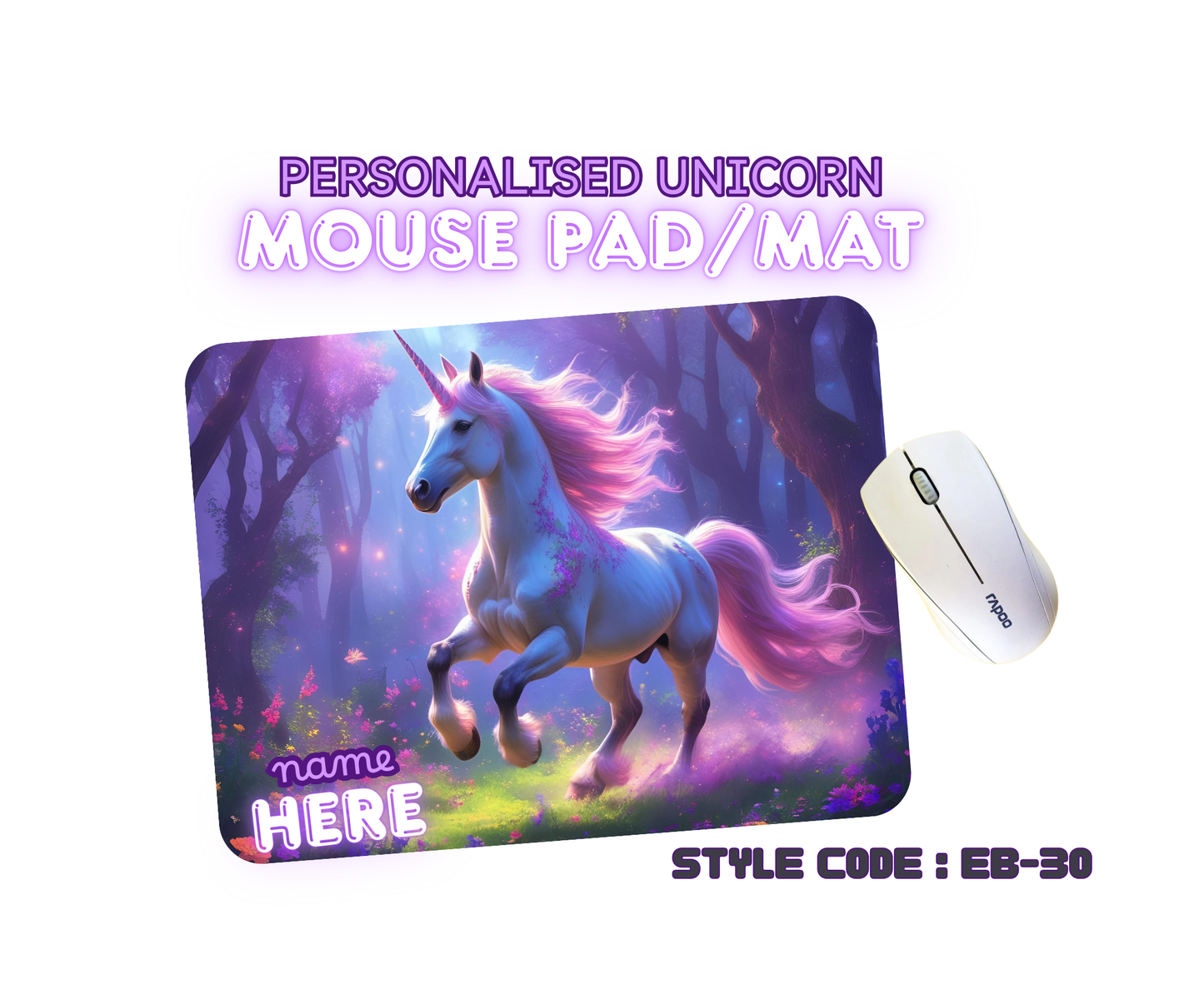 Personalised Unicorn Mouse Mat | Pad | Custom Name Print | EB22–EB32 Designs