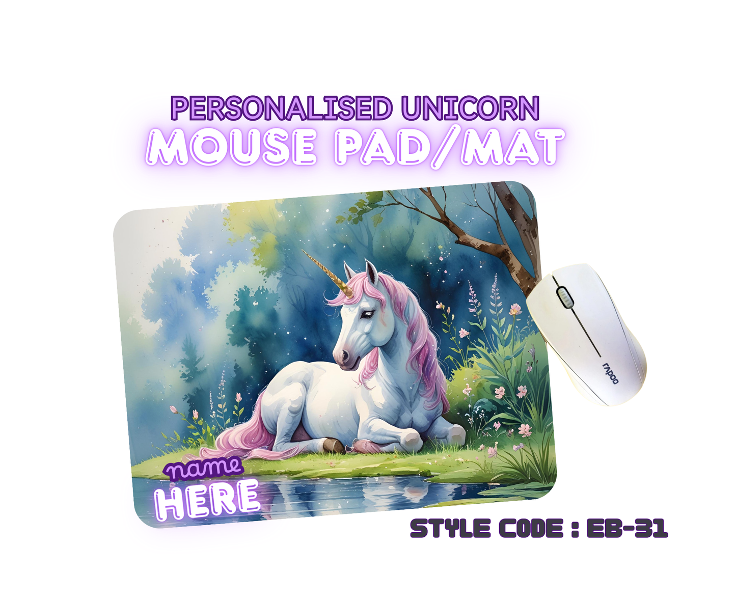 Personalised Unicorn Mouse Mat | Pad | Custom Name Print | EB22–EB32 Designs