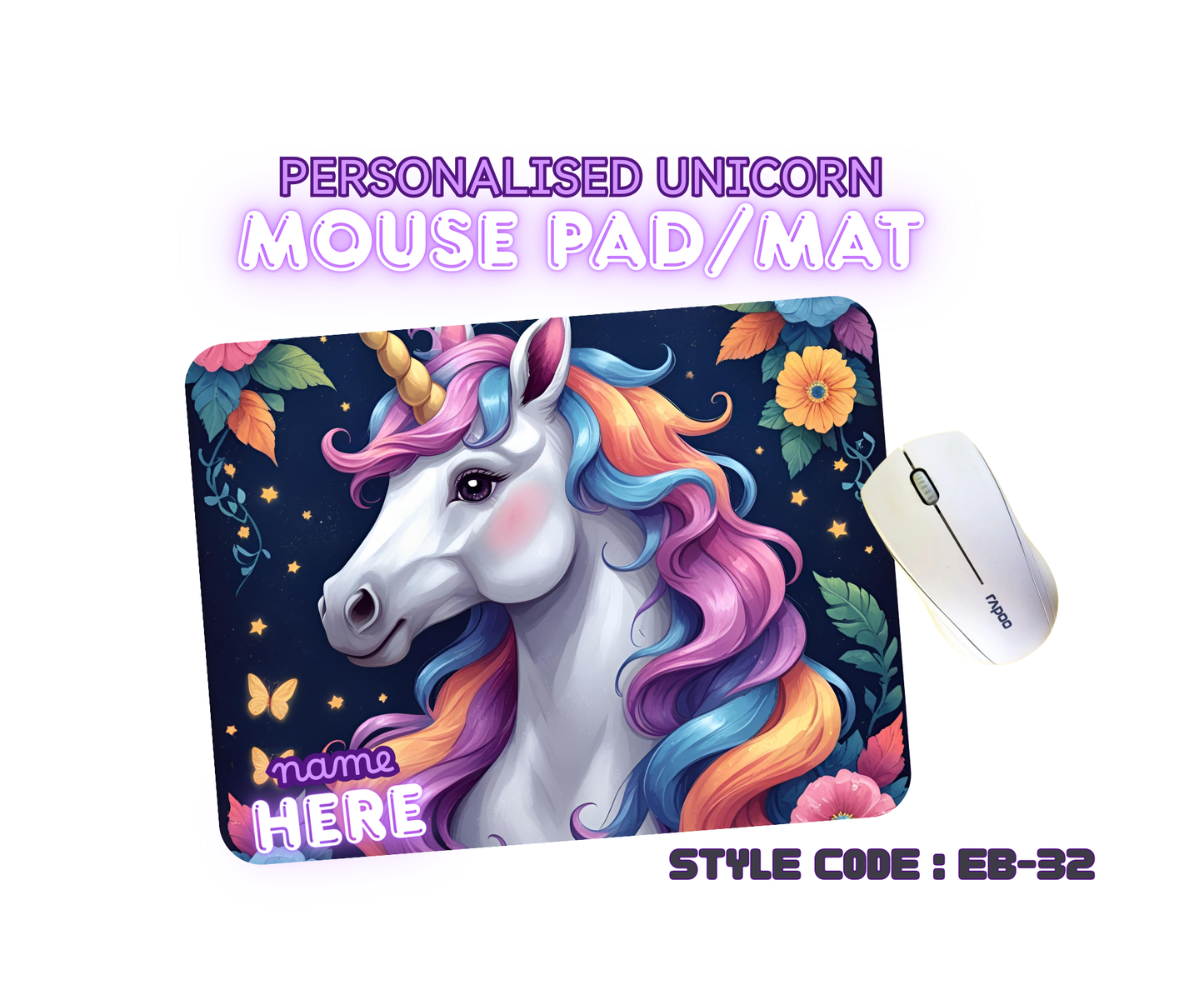 Personalised Unicorn Mouse Mat | Pad | Custom Name Print | EB22–EB32 Designs