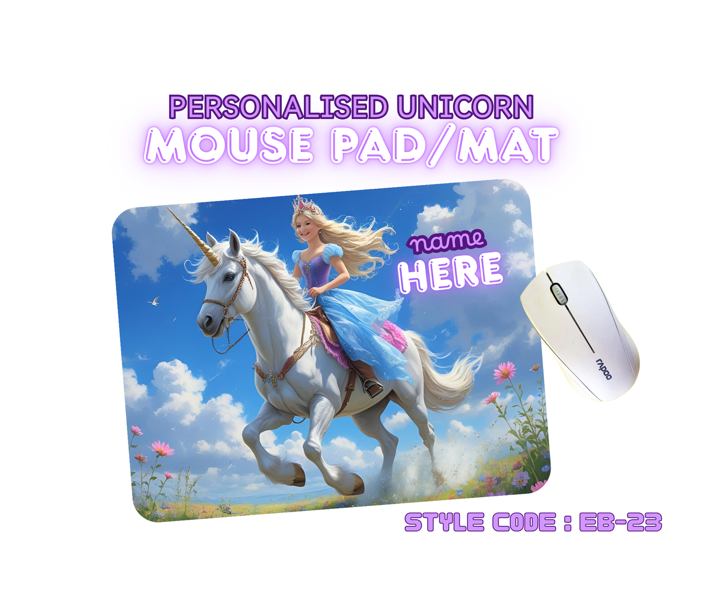 Personalised Unicorn Mouse Mat | Pad | Custom Name Print | EB22–EB32 Designs