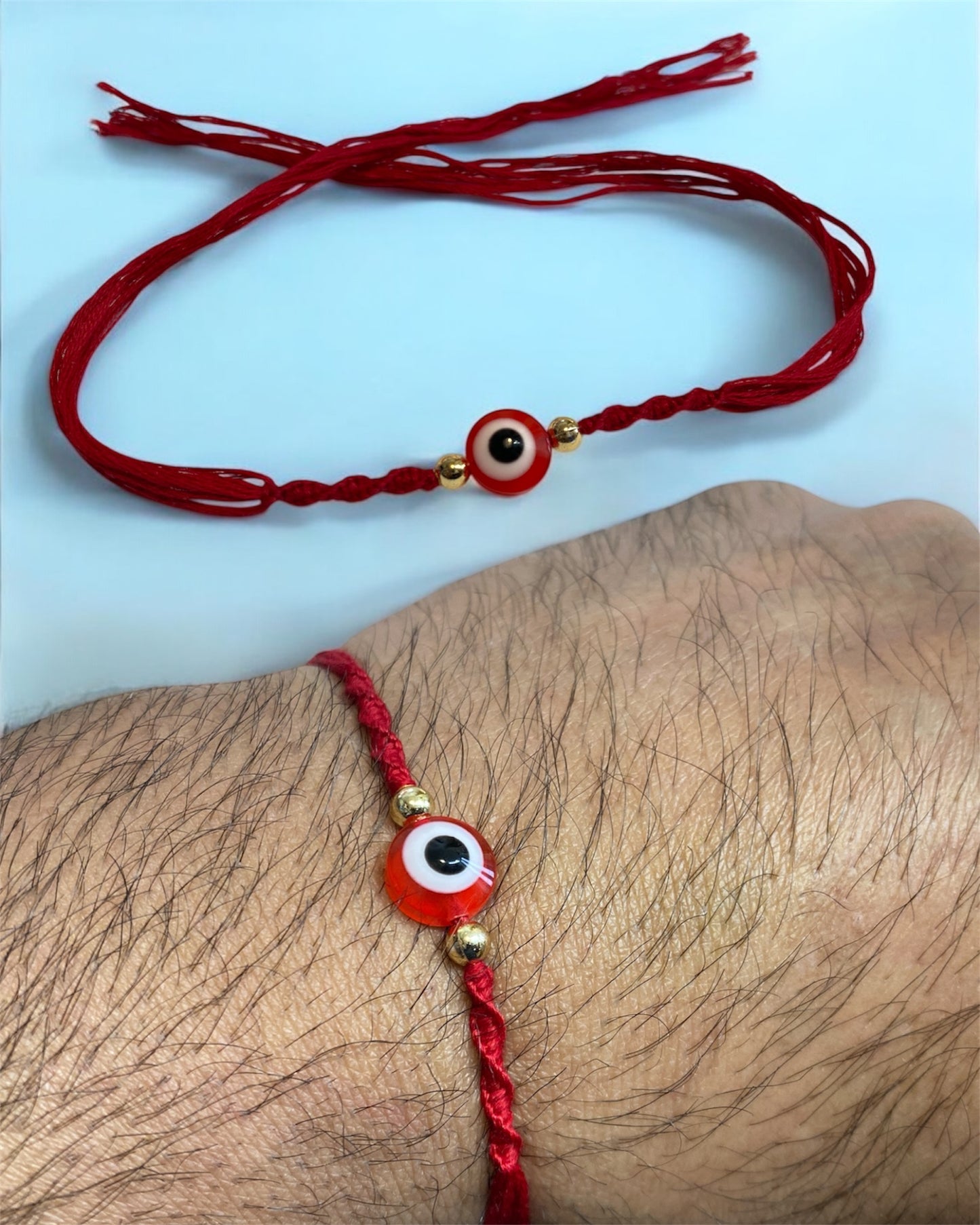 Red Evil Eye Rakhi with Golden Beads & Hand-Knotted Design – Handmade in UK | Rakhi for Brother | Wholesale Available