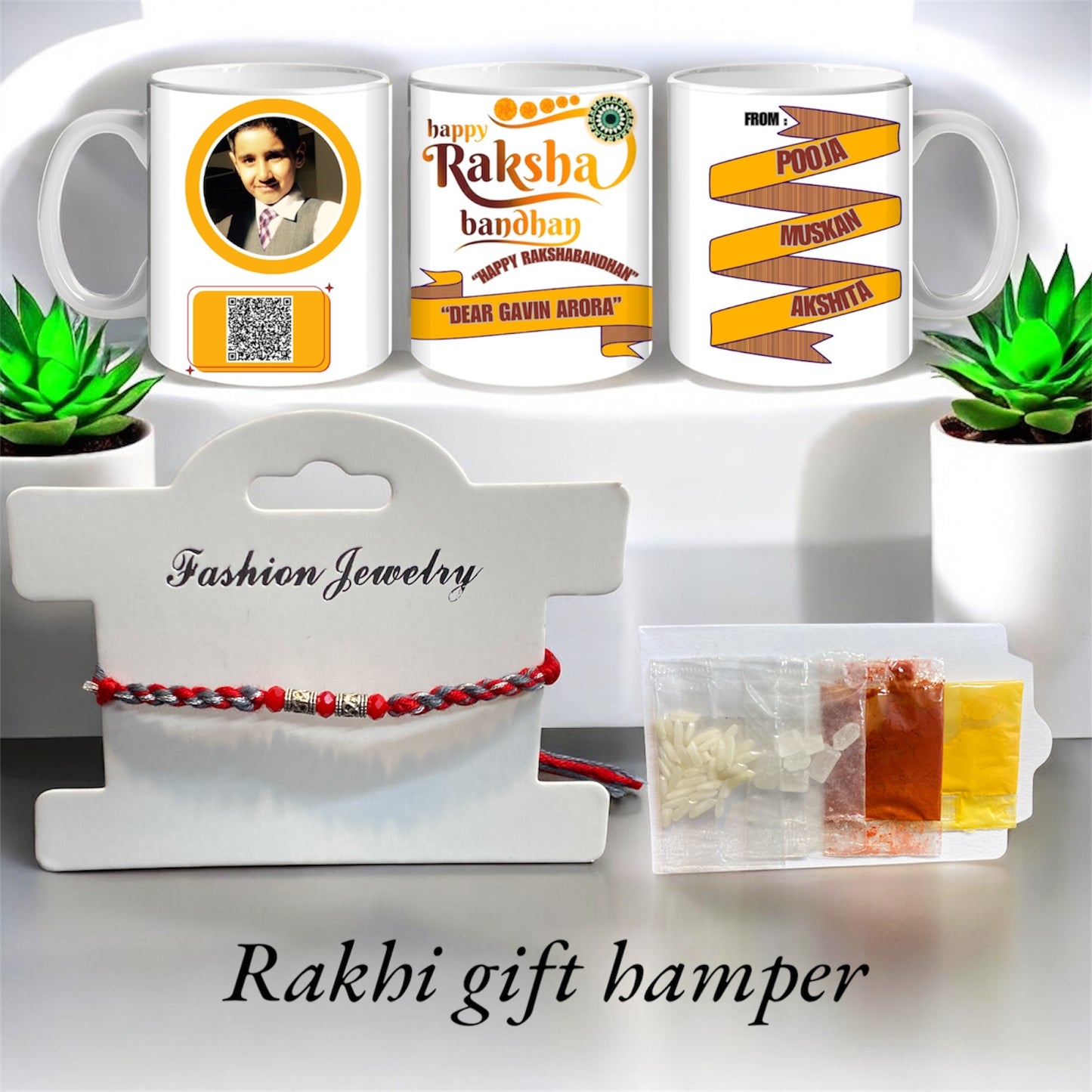 Handmade Personalised Rakhi Gift Hamper with Om Rakhi, Custom Brother Mug & Tilak Set