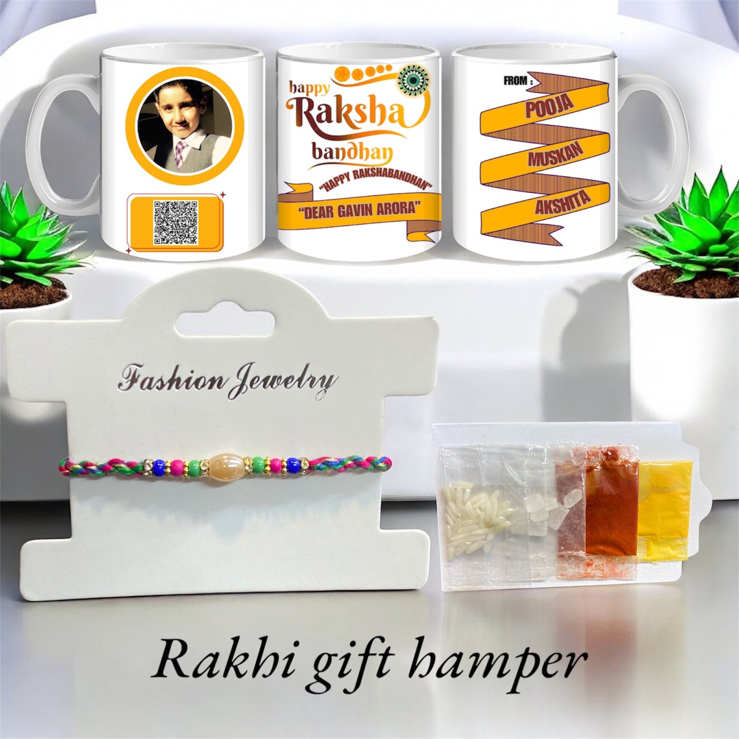 Handmade Personalised Rakhi Gift Hamper with Om Rakhi, Custom Brother Mug & Tilak Set