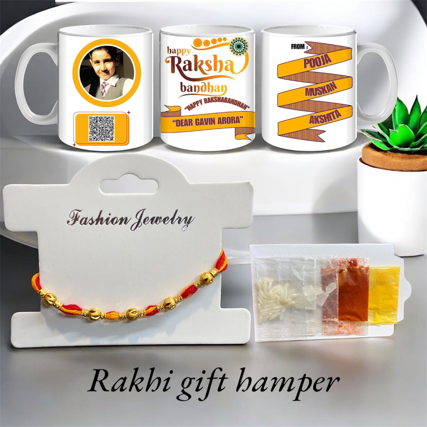 Handmade Personalised Rakhi Gift Hamper with Om Rakhi, Custom Brother Mug & Tilak Set