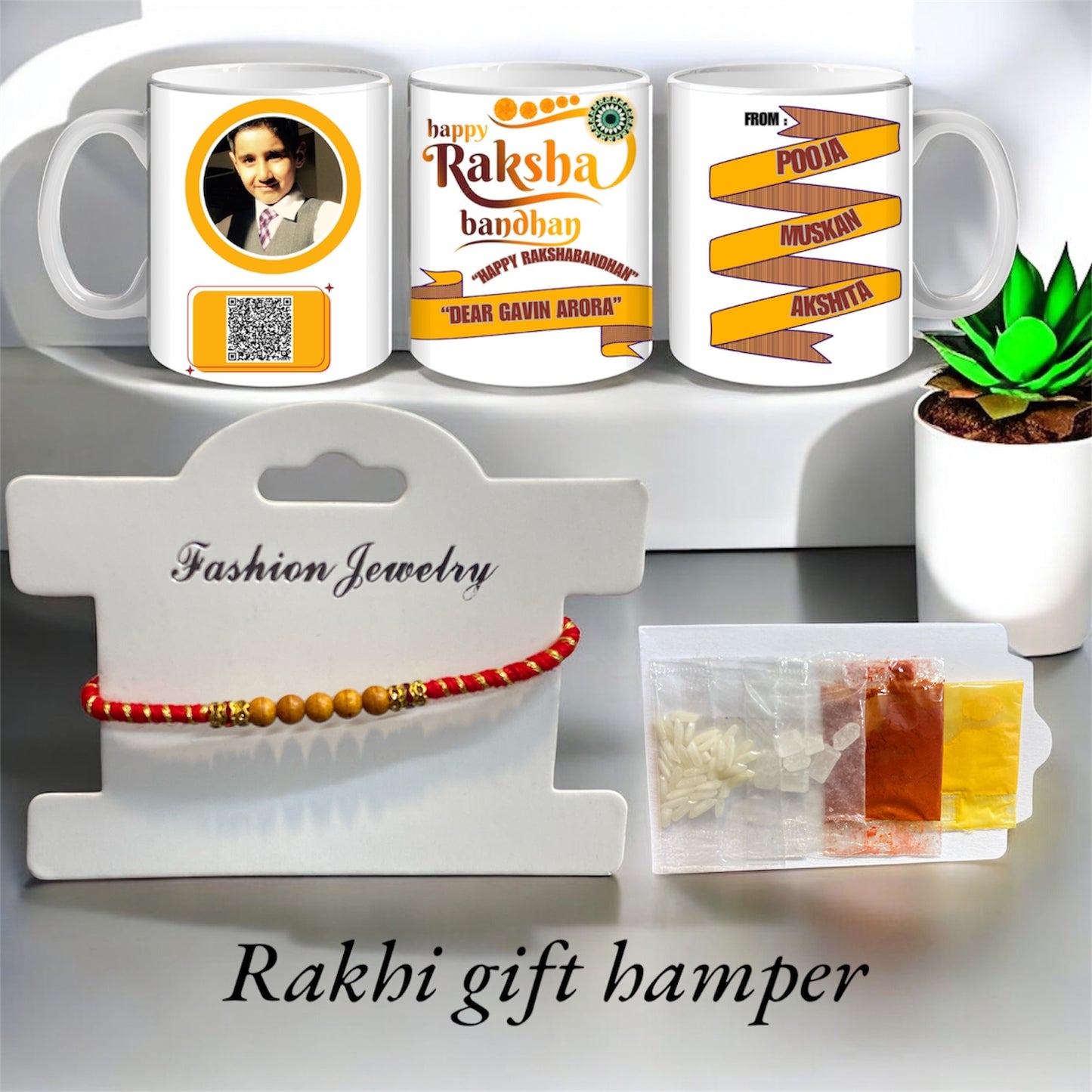 Handmade Personalised Rakhi Gift Hamper with Om Rakhi, Custom Brother Mug & Tilak Set