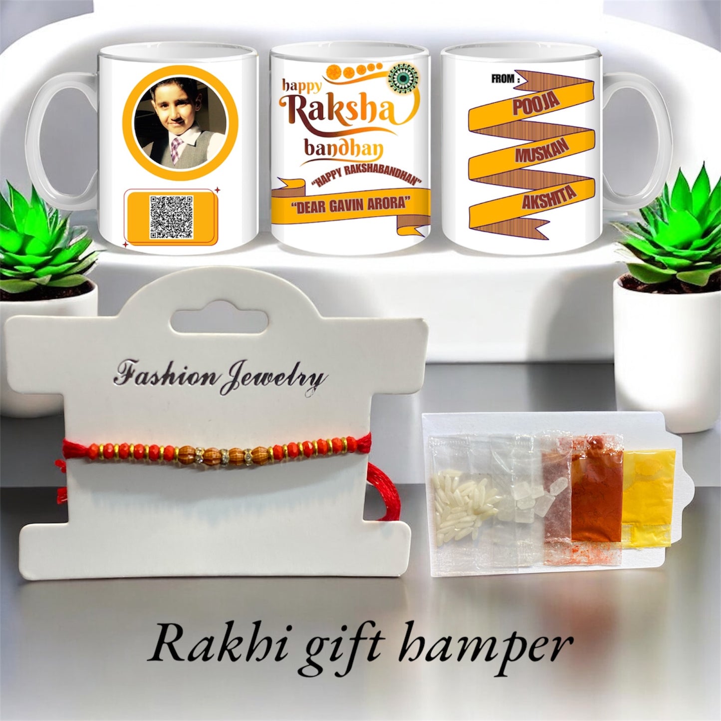 Handmade Personalised Rakhi Gift Hamper with Om Rakhi, Custom Brother Mug & Tilak Set