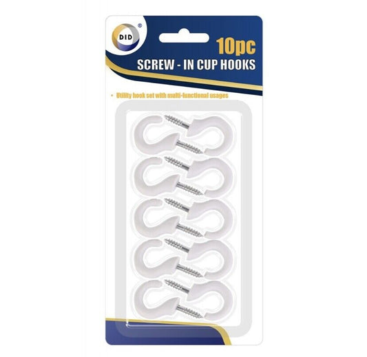 WHITE SHOULDERED CUP HOOKS PLASTIC Kitchen Screw In Mug Peg Loop Wall 10PC