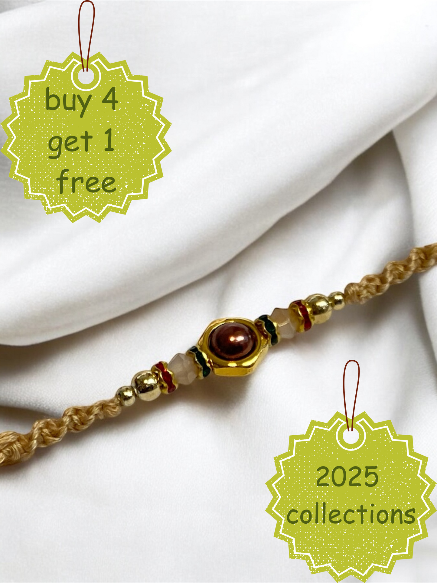 Buy Rakhi Online UK – Elegant Beige Thread Rakhi with Pearly Brown Bead & Glass Accents