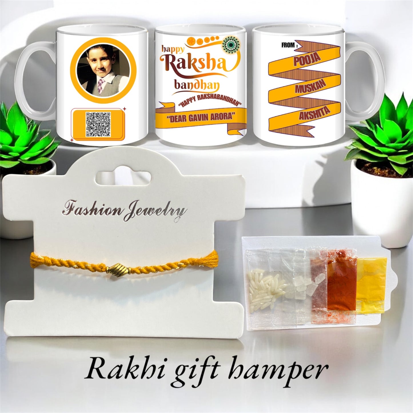 Handmade Personalised Rakhi Gift Hamper with Om Rakhi, Custom Brother Mug & Tilak Set