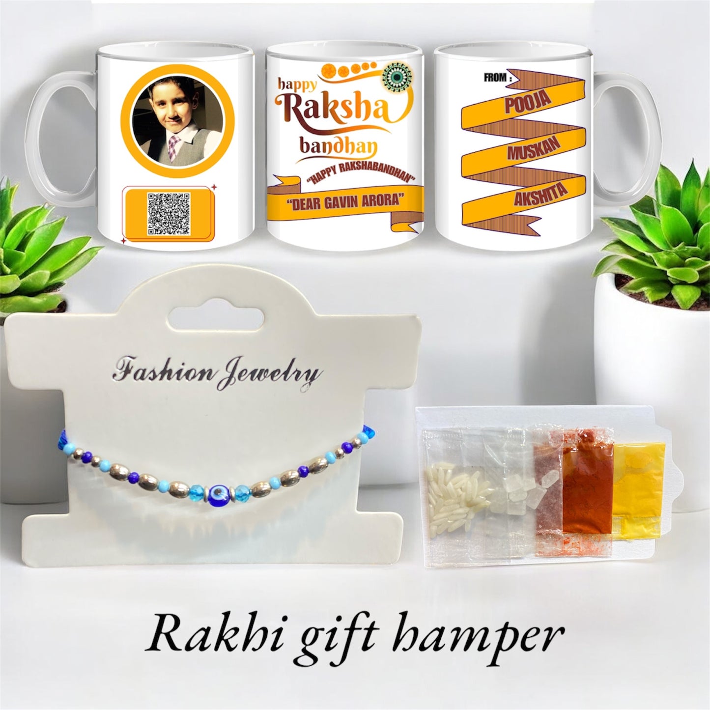 Handmade Personalised Rakhi Gift Hamper with Om Rakhi, Custom Brother Mug & Tilak Set