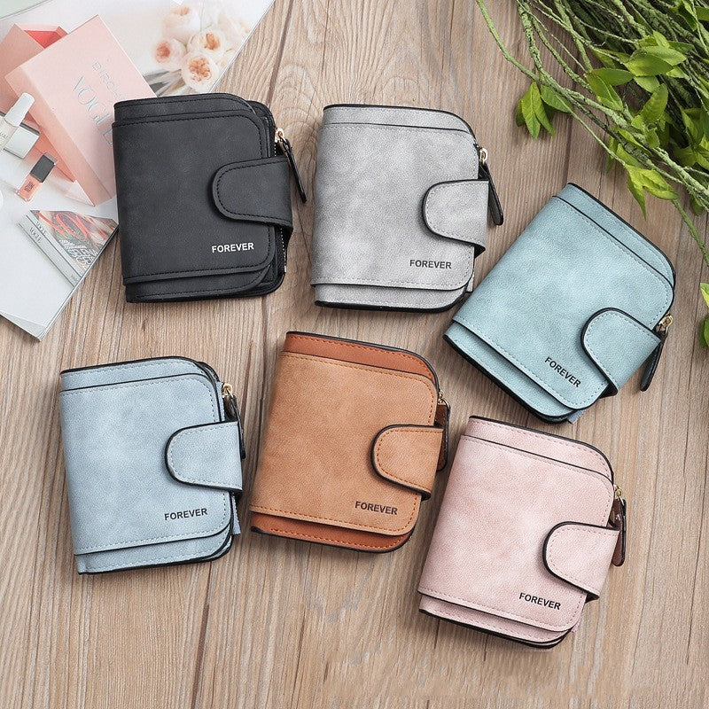 Simple Short Solid Color Three Fold Magnetic Buckle Wallet Multi Card Large Capacity Women's Purse