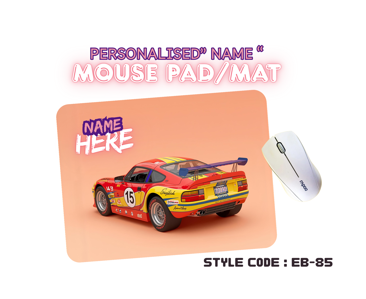 Personalised Racing Cars Mouse Mat | Pad | Custom Name Print | EB84–EB98 Designs