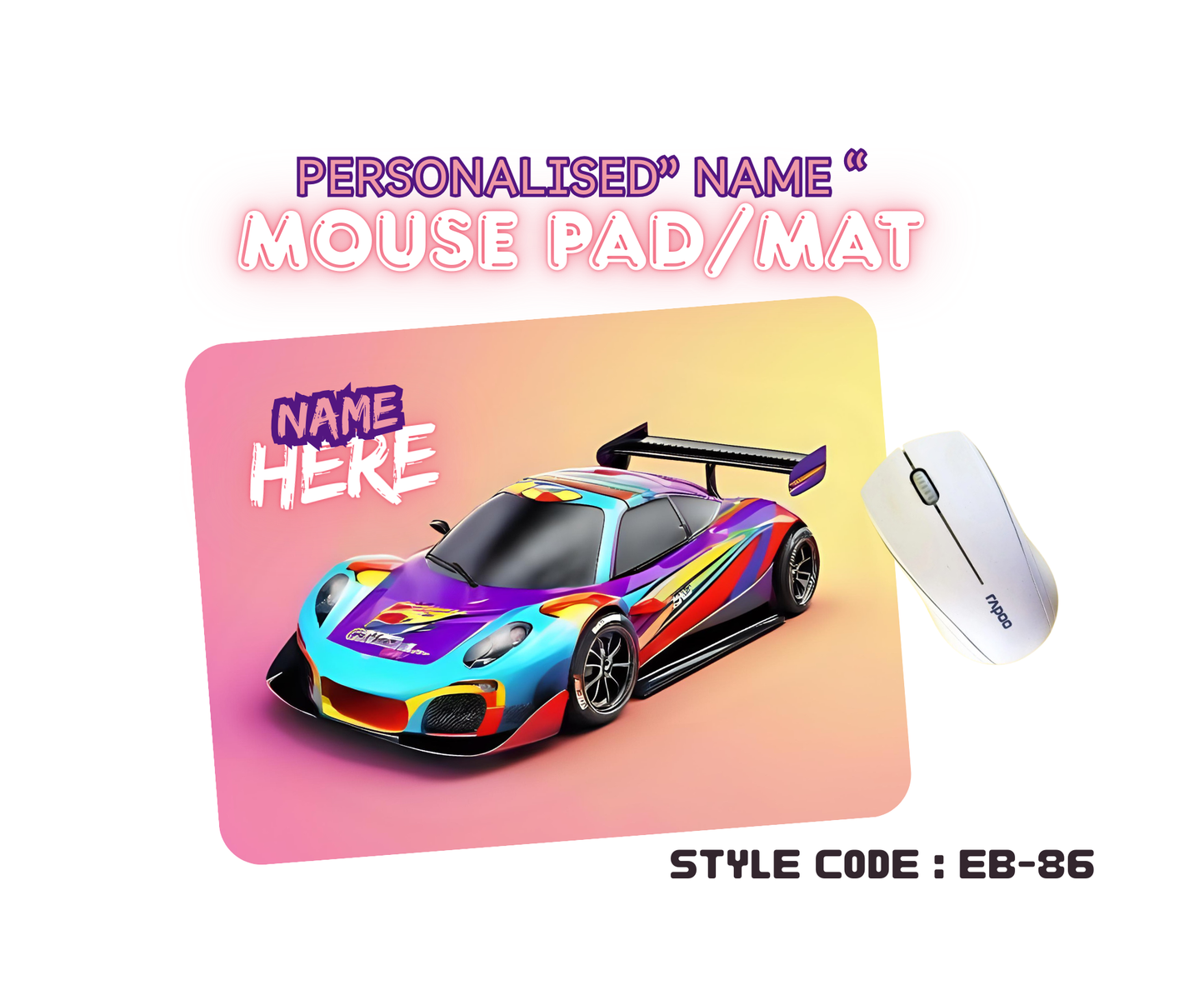 Personalised Racing Cars Mouse Mat | Pad | Custom Name Print | EB84–EB98 Designs