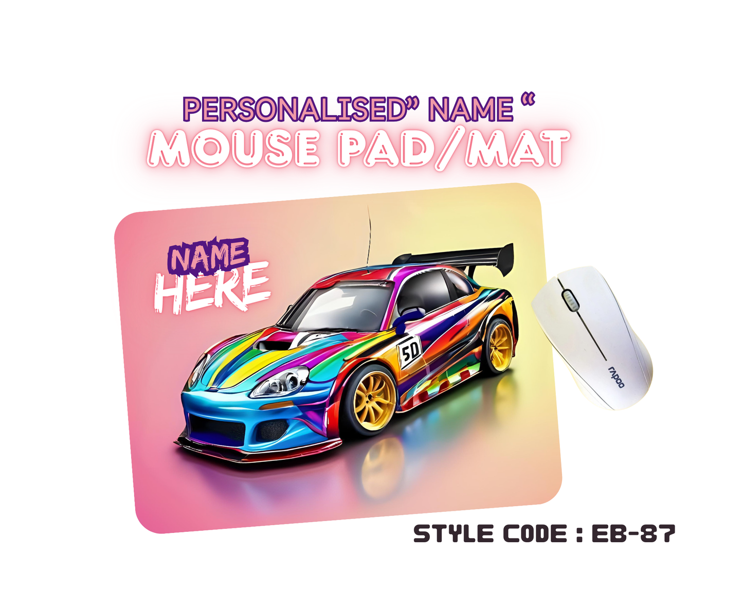 Personalised Racing Cars Mouse Mat | Pad | Custom Name Print | EB84–EB98 Designs