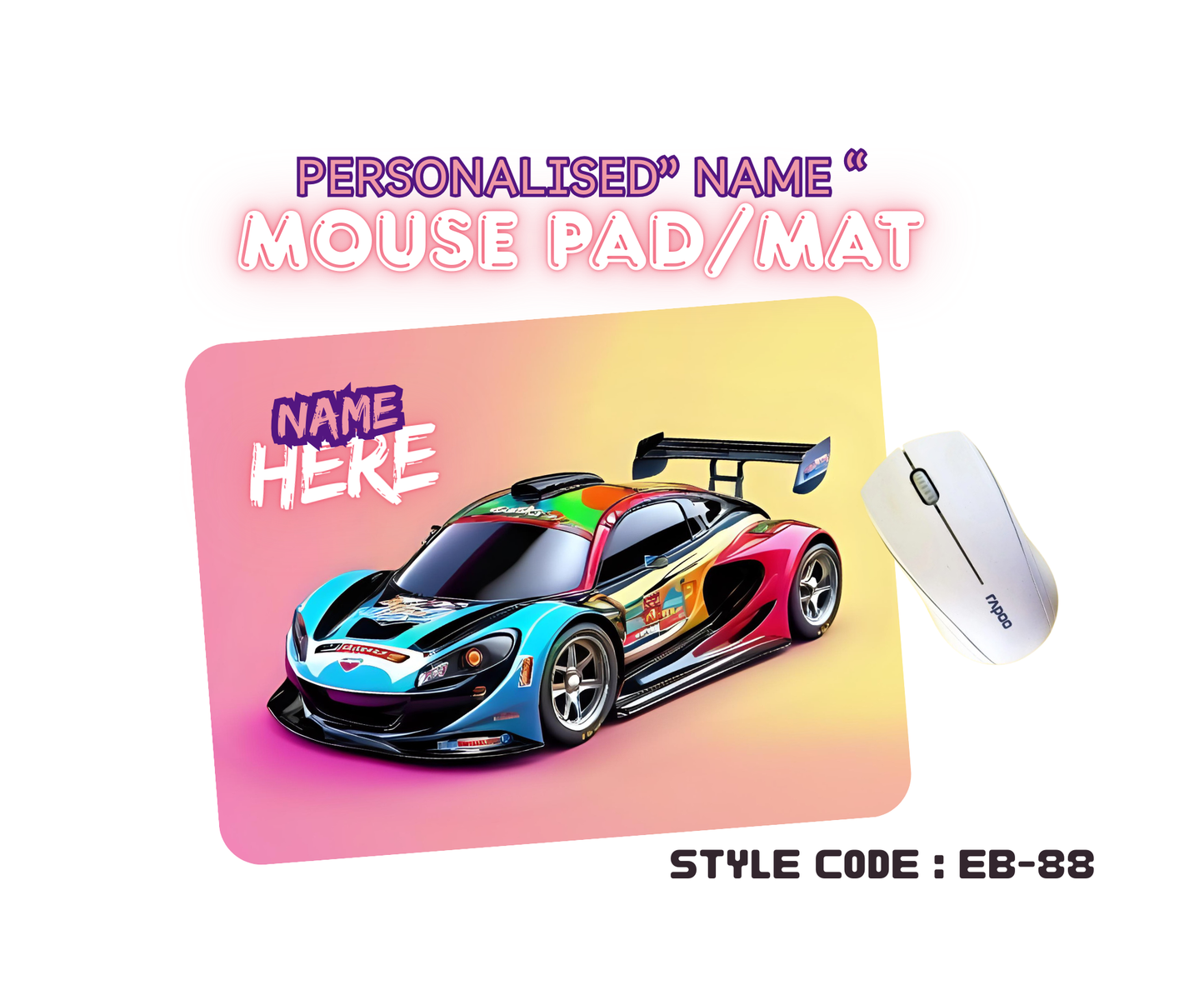 Personalised Racing Cars Mouse Mat | Pad | Custom Name Print | EB84–EB98 Designs