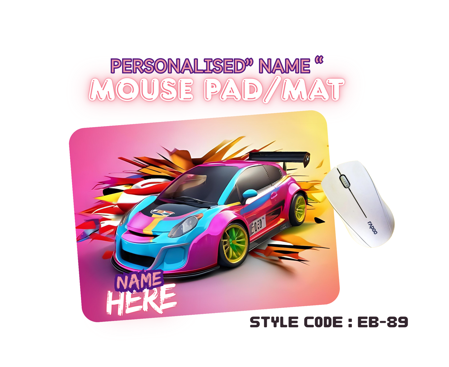 Personalised Racing Cars Mouse Mat | Pad | Custom Name Print | EB84–EB98 Designs