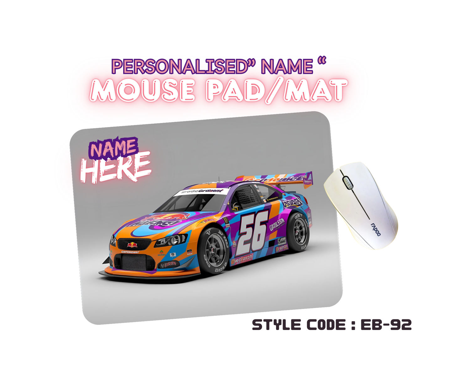 Personalised Racing Cars Mouse Mat | Pad | Custom Name Print | EB84–EB98 Designs