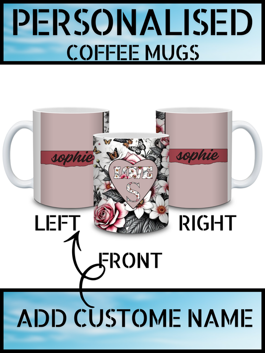 Floral Heart Initial Personalised Coffee Mug