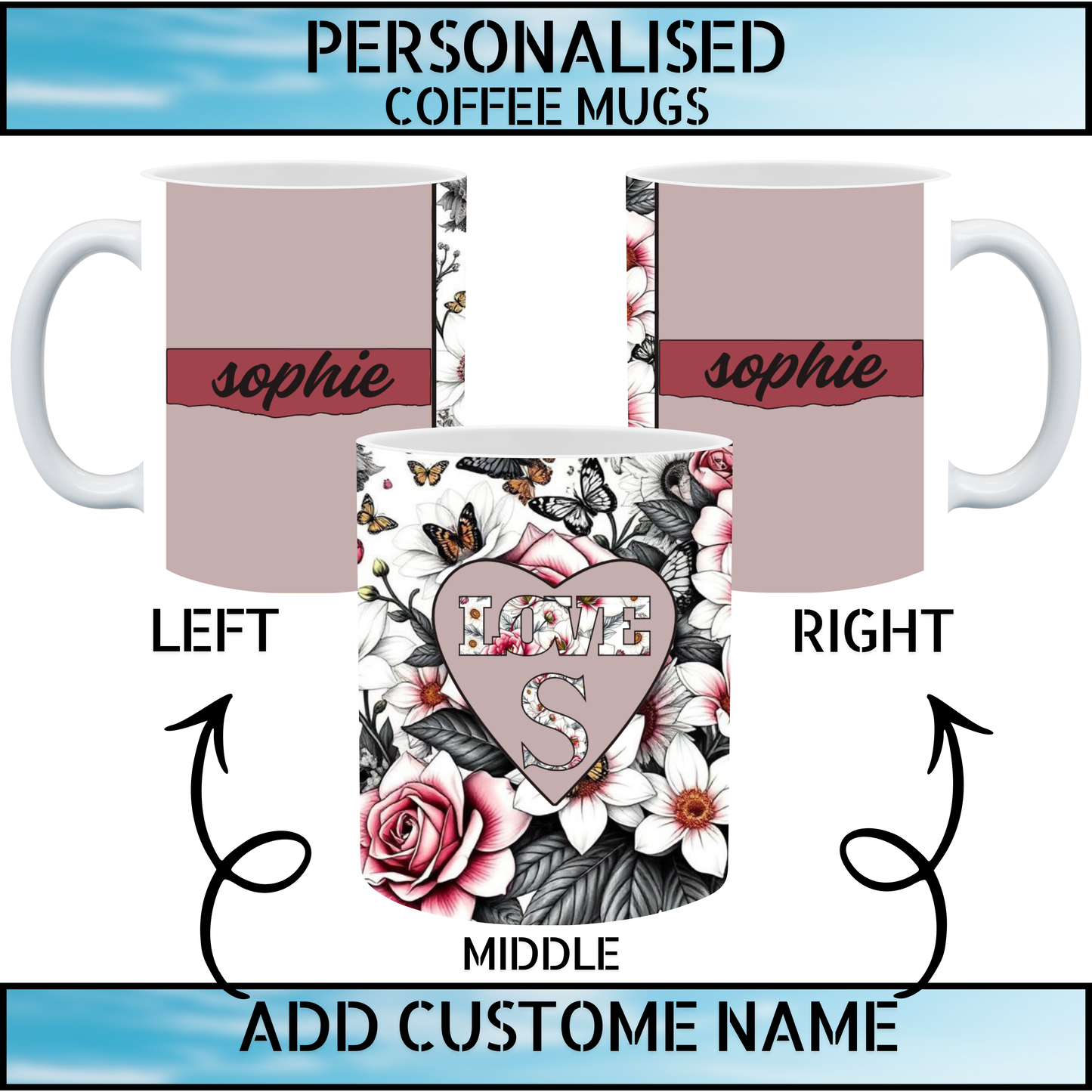 Floral Heart Initial Personalised Coffee Mug