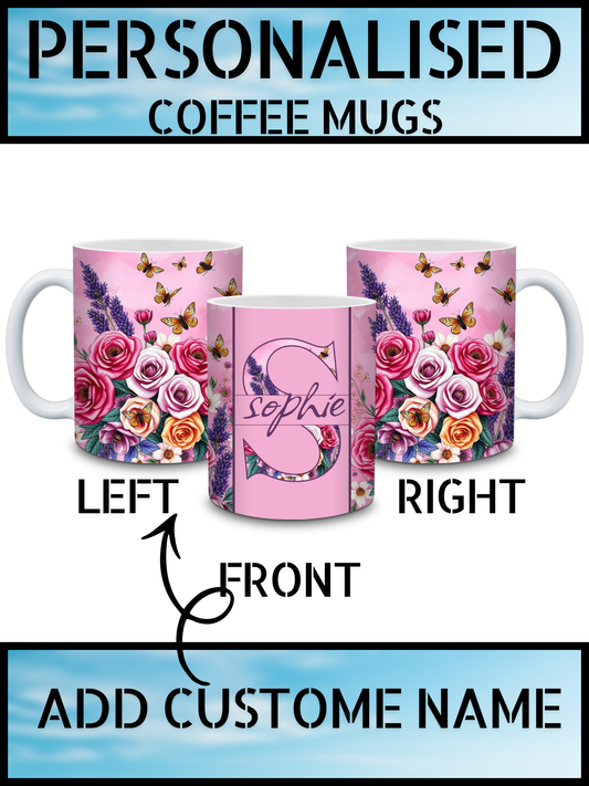 Pink Floral Art Personalised Name Coffee Mug