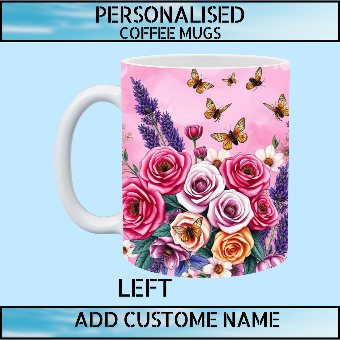 Pink Floral Art Personalised Name Coffee Mug