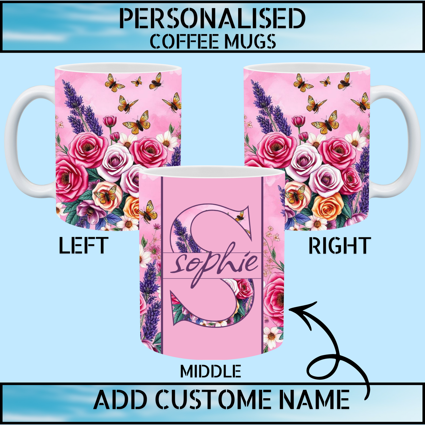 Pink Floral Art Personalised Name Coffee Mug