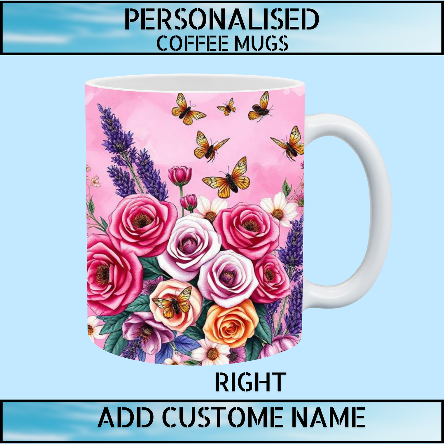 Pink Floral Art Personalised Name Coffee Mug