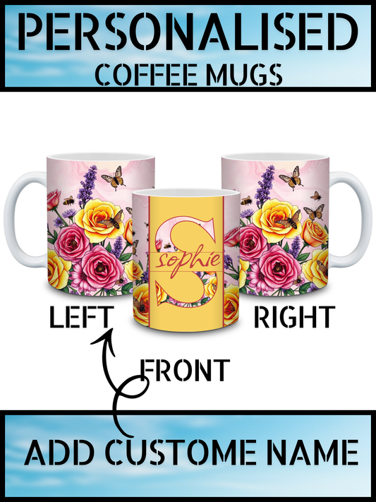 Floral Design Personalised Initial Name Mug