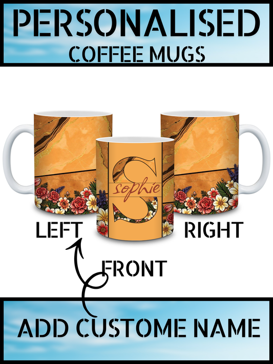 Caramel Marble & Floral Personalised Name Coffee Mug