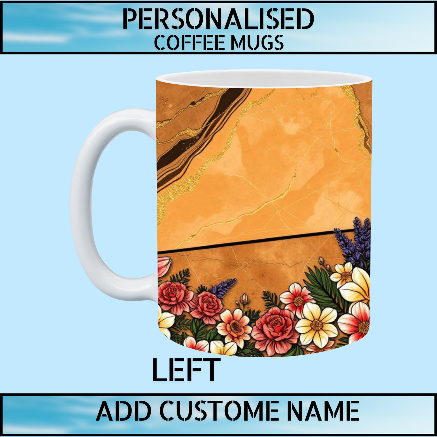 Caramel Marble & Floral Personalised Name Coffee Mug
