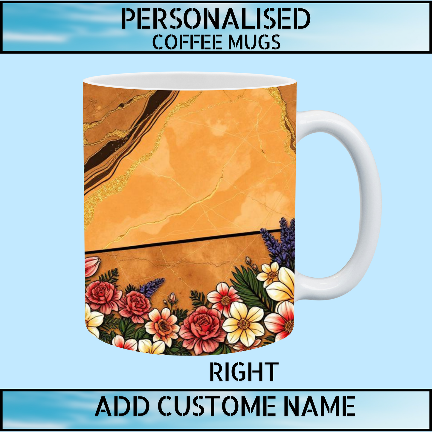Caramel Marble & Floral Personalised Name Coffee Mug