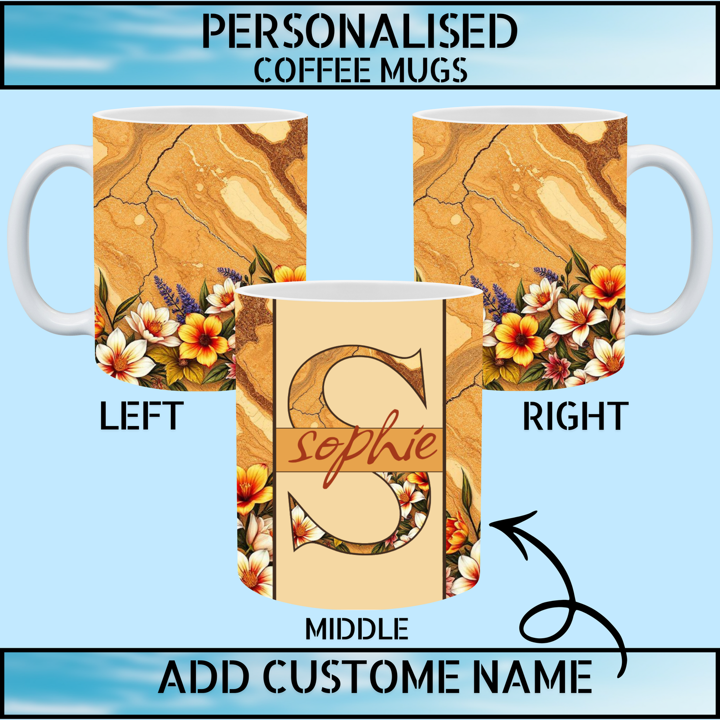 Caramel Marble & Floral Personalised Gift Coffee Mug
