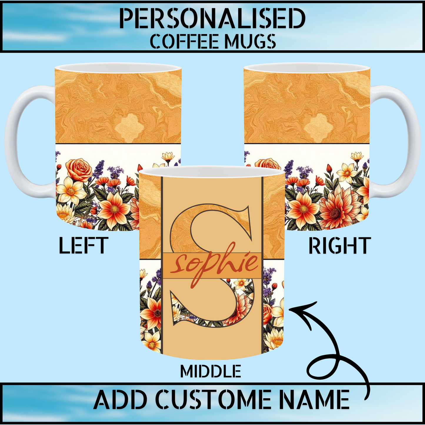 Personalised Initial Name Marble Floral Coffee Mug